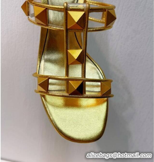 Promotion Valentino Roman Stud Heel Slide Sandals in Leather and PVC Gold 027086