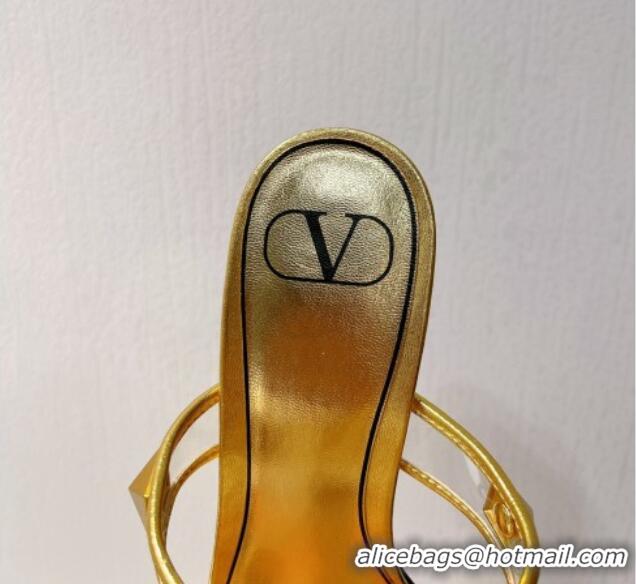 Promotion Valentino Roman Stud Heel Slide Sandals in Leather and PVC Gold 027086