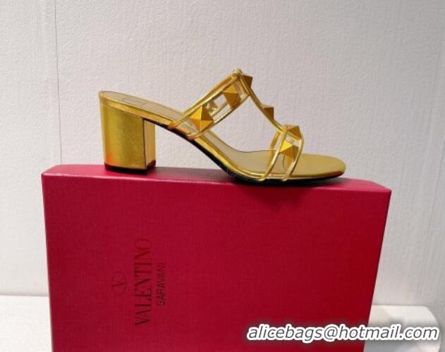 Promotion Valentino Roman Stud Heel Slide Sandals in Leather and PVC Gold 027086