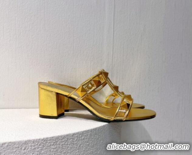 Promotion Valentino Roman Stud Heel Slide Sandals in Leather and PVC Gold 027086