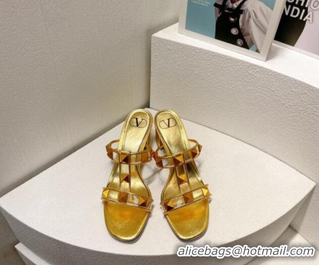 Promotion Valentino Roman Stud Heel Slide Sandals in Leather and PVC Gold 027086