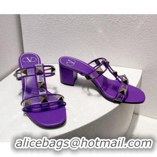 Charming Valentino Roman Stud Heel Slide Sandals in Leather and PVC Dark Purple 027087