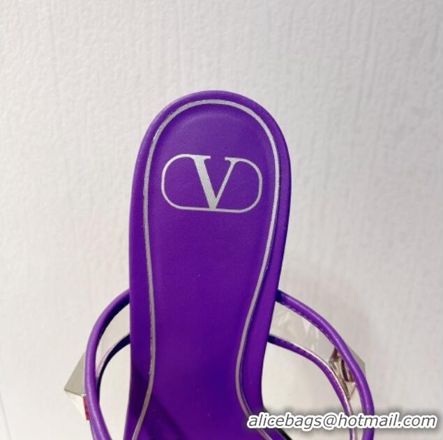 Charming Valentino Roman Stud Heel Slide Sandals in Leather and PVC Dark Purple 027087