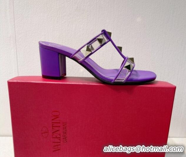 Charming Valentino Roman Stud Heel Slide Sandals in Leather and PVC Dark Purple 027087