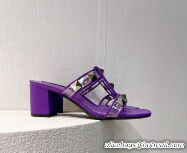 Charming Valentino Roman Stud Heel Slide Sandals in Leather and PVC Dark Purple 027087