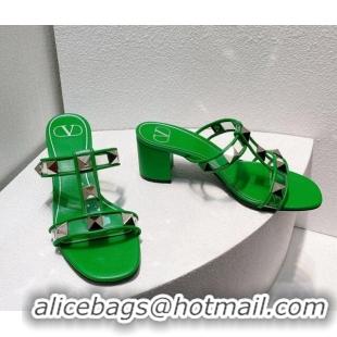 Trendy Design Valentino Roman Stud Heel Slide Sandals in Leather and PVC Green 027088