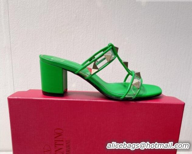 Trendy Design Valentino Roman Stud Heel Slide Sandals in Leather and PVC Green 027088