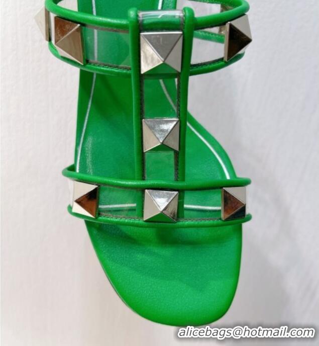 Trendy Design Valentino Roman Stud Heel Slide Sandals in Leather and PVC Green 027088