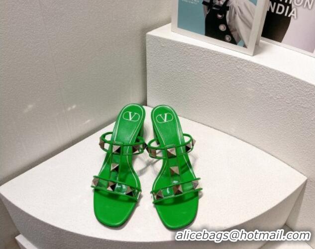 Trendy Design Valentino Roman Stud Heel Slide Sandals in Leather and PVC Green 027088