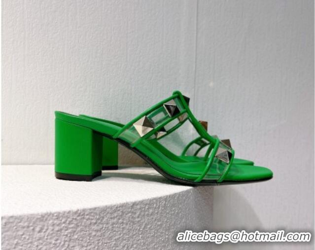 Trendy Design Valentino Roman Stud Heel Slide Sandals in Leather and PVC Green 027088