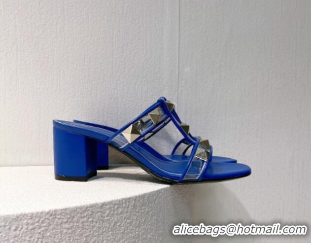 Classic Practical Valentino Roman Stud Heel Slide Sandals in Leather and PVC Blue 027089