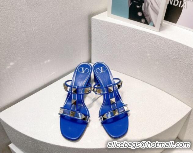 Classic Practical Valentino Roman Stud Heel Slide Sandals in Leather and PVC Blue 027089