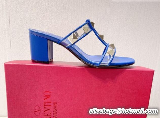 Classic Practical Valentino Roman Stud Heel Slide Sandals in Leather and PVC Blue 027089