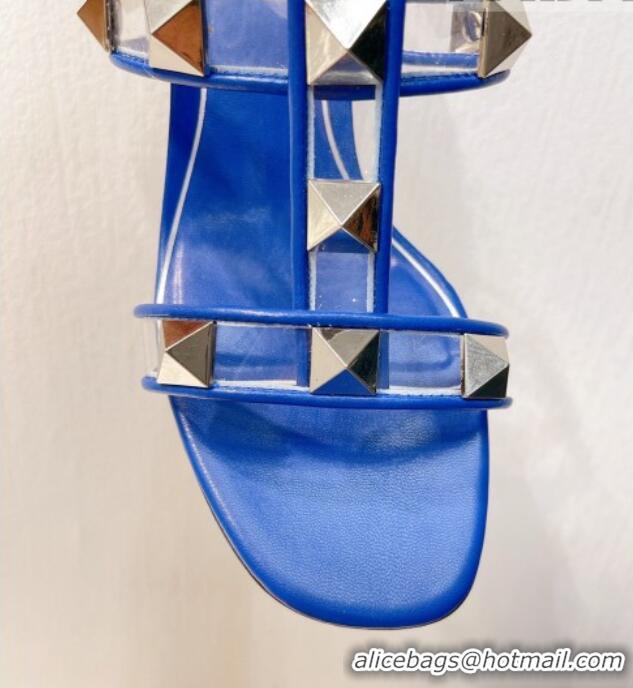 Classic Practical Valentino Roman Stud Heel Slide Sandals in Leather and PVC Blue 027089