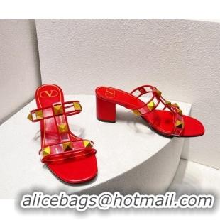 Grade Valentino Roman Stud Heel Slide Sandals in Leather and PVC Red 027090