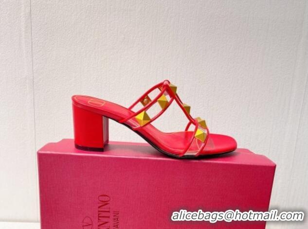 Grade Valentino Roman Stud Heel Slide Sandals in Leather and PVC Red 027090