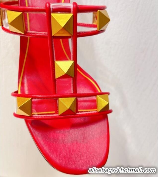 Grade Valentino Roman Stud Heel Slide Sandals in Leather and PVC Red 027090