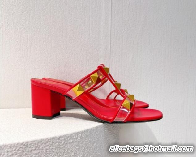 Grade Valentino Roman Stud Heel Slide Sandals in Leather and PVC Red 027090