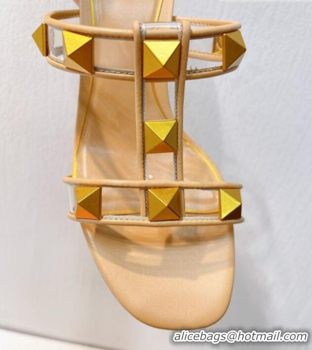 Good Quality Valentino Roman Stud Heel Slide Sandals in Leather and PVC Nude 027091