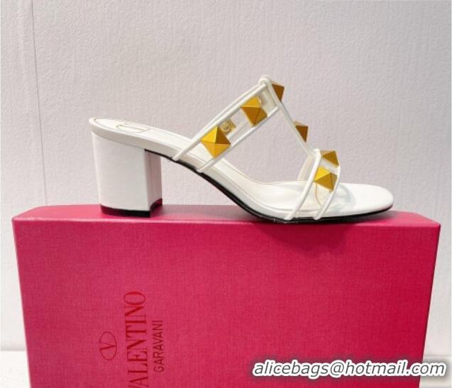 Grade Quality Valentino Roman Stud Heel Slide Sandals in Leather and PVC White 027092