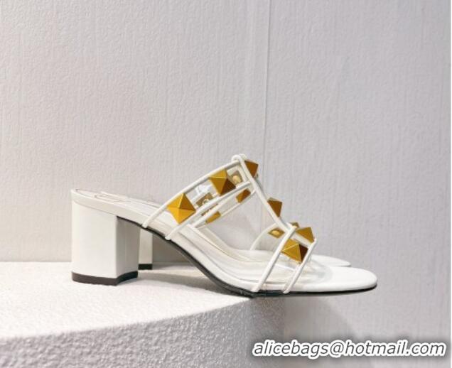 Grade Quality Valentino Roman Stud Heel Slide Sandals in Leather and PVC White 027092