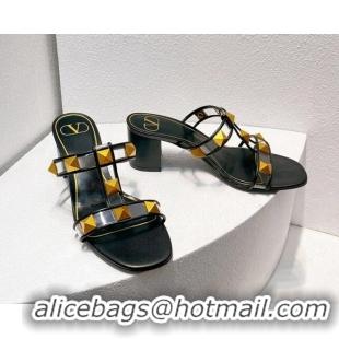 Inexpensive Valentino Roman Stud Heel Slide Sandals in Leather and PVC Black 027093