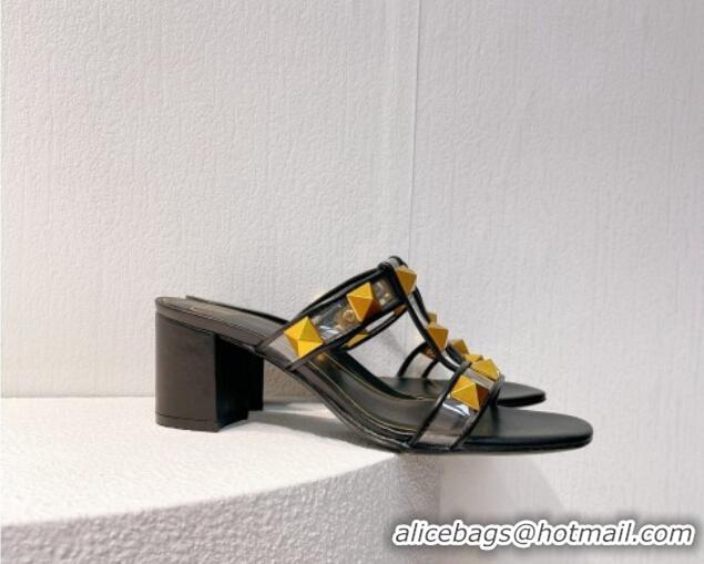 Inexpensive Valentino Roman Stud Heel Slide Sandals in Leather and PVC Black 027093