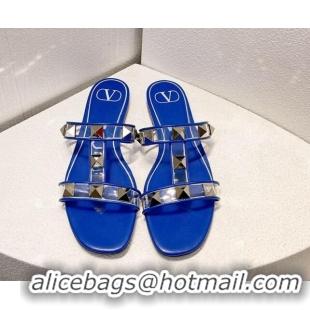 Best Grade Valentino Roman Stud Flat Slide Sandals in Leather and PVC Blue 027094