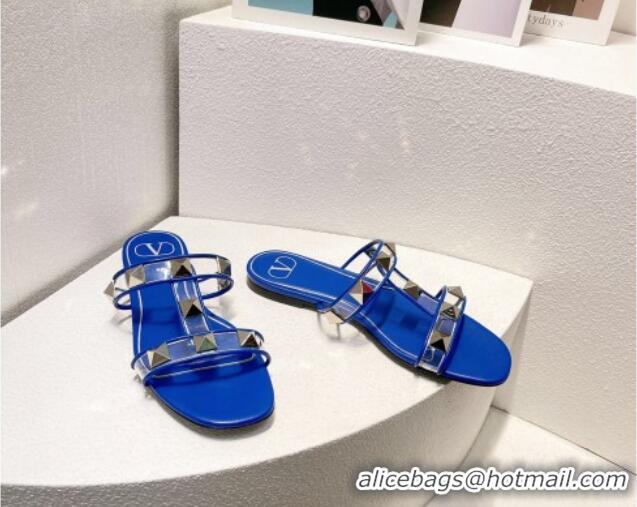 Best Grade Valentino Roman Stud Flat Slide Sandals in Leather and PVC Blue 027094