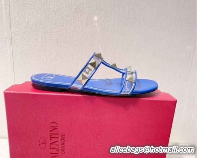 Best Grade Valentino Roman Stud Flat Slide Sandals in Leather and PVC Blue 027094