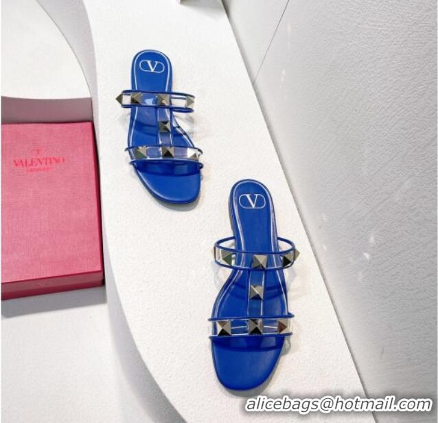 Best Grade Valentino Roman Stud Flat Slide Sandals in Leather and PVC Blue 027094