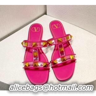 Low Cost Valentino Roman Stud Flat Slide Sandals in Leather and PVC Dark Pink 027095