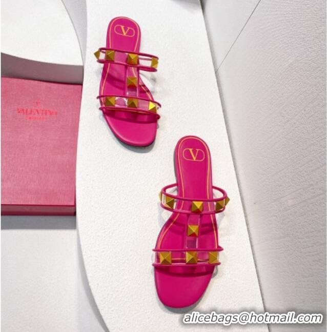 Low Cost Valentino Roman Stud Flat Slide Sandals in Leather and PVC Dark Pink 027095