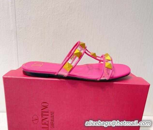 Low Cost Valentino Roman Stud Flat Slide Sandals in Leather and PVC Dark Pink 027095