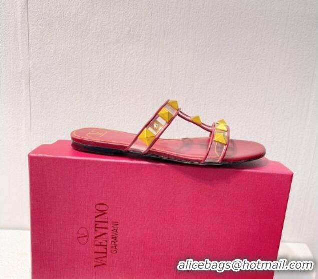 Discount Valentino Roman Stud Flat Slide Sandals in Leather and PVC Burgund 027097