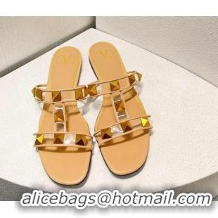 Most Popular Valentino Roman Stud Flat Slide Sandals in Leather and PVC Nude 027099