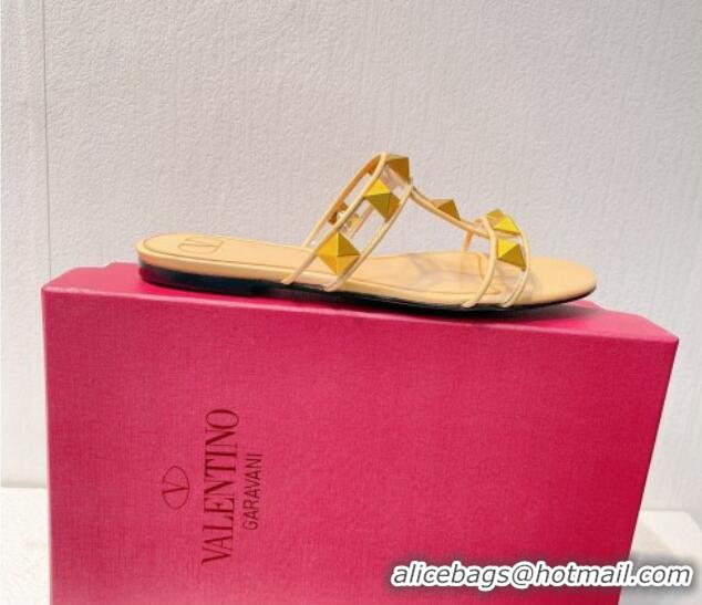 Most Popular Valentino Roman Stud Flat Slide Sandals in Leather and PVC Nude 027099