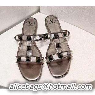 Low Price Valentino Roman Stud Flat Slide Sandals in Leather and PVC Metallic Grey 027100