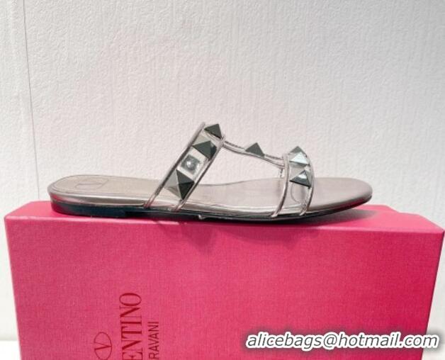 Low Price Valentino Roman Stud Flat Slide Sandals in Leather and PVC Metallic Grey 027100