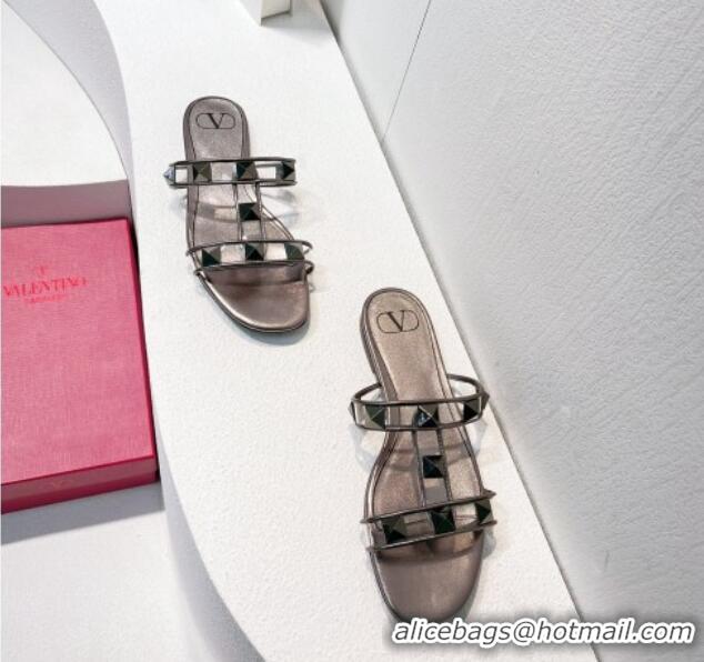 Low Price Valentino Roman Stud Flat Slide Sandals in Leather and PVC Metallic Grey 027100