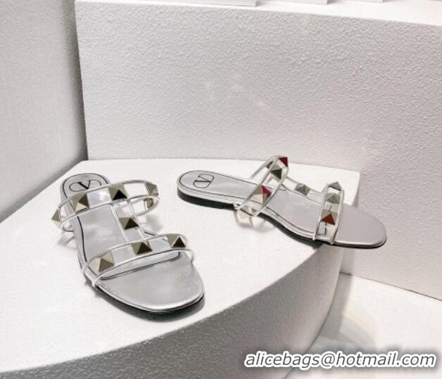 Pretty Style Valentino Roman Stud Flat Slide Sandals in Leather and PVC Silver 027101