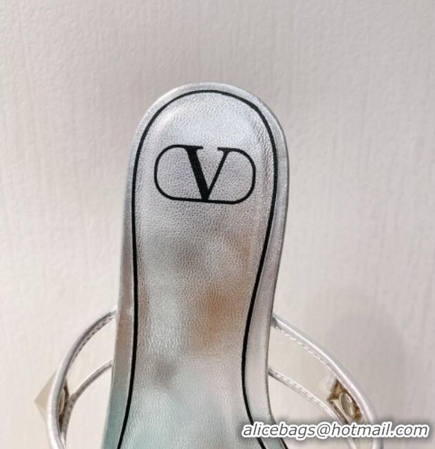 Pretty Style Valentino Roman Stud Flat Slide Sandals in Leather and PVC Silver 027101