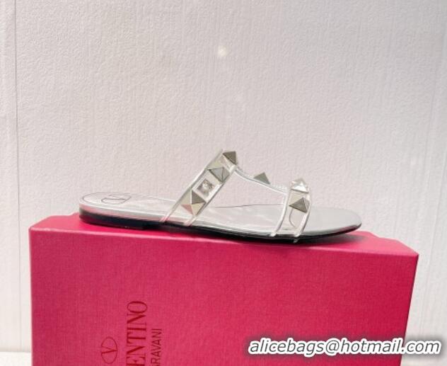 Pretty Style Valentino Roman Stud Flat Slide Sandals in Leather and PVC Silver 027101