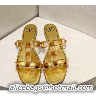 Unique Style Valentino Roman Stud Flat Slide Sandals in Leather and PVC Gold 027102