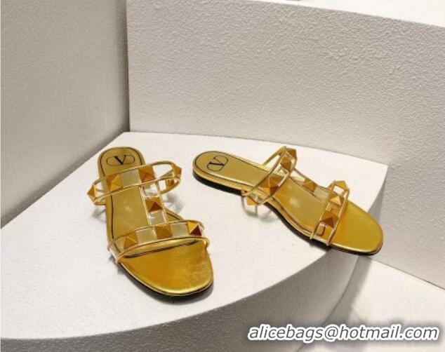 Unique Style Valentino Roman Stud Flat Slide Sandals in Leather and PVC Gold 027102