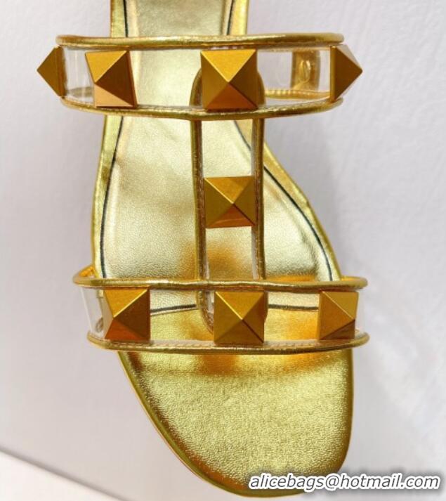 Unique Style Valentino Roman Stud Flat Slide Sandals in Leather and PVC Gold 027102