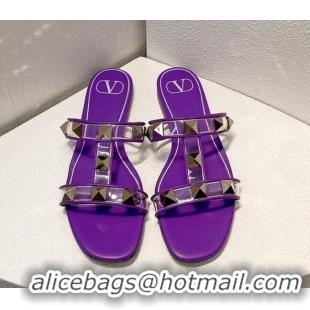 Good Quality Valentino Roman Stud Flat Slide Sandals in Leather and PVC Purple 1027103