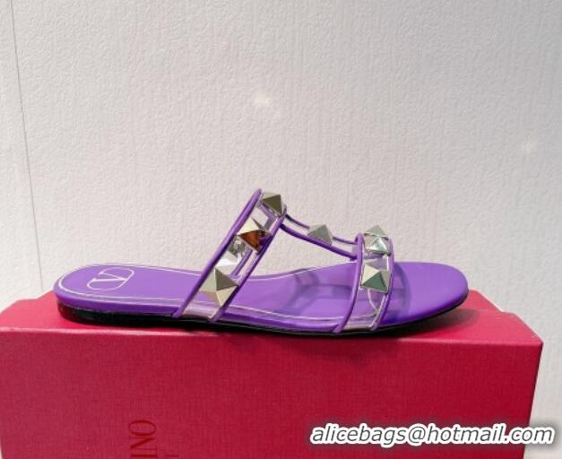 Good Quality Valentino Roman Stud Flat Slide Sandals in Leather and PVC Purple 1027103