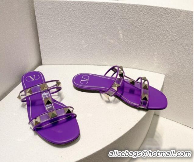 Good Quality Valentino Roman Stud Flat Slide Sandals in Leather and PVC Purple 1027103