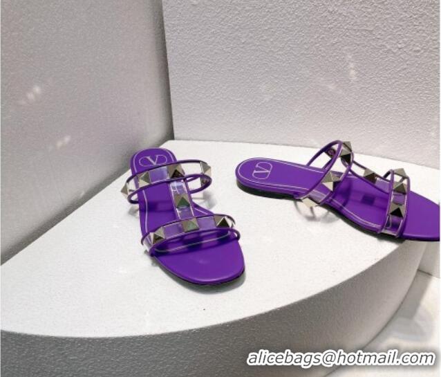 Good Quality Valentino Roman Stud Flat Slide Sandals in Leather and PVC Purple 1027103